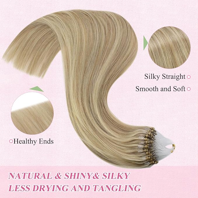 YoungSee Micro Link Hair Extensions Human Hair Blonde Microbead Hair Extensions Human Hair Golden Blonde Highlight Micro Ring Hair Extension 18In 50g 50s Beads Hair Extension Remy Hair for Wedding