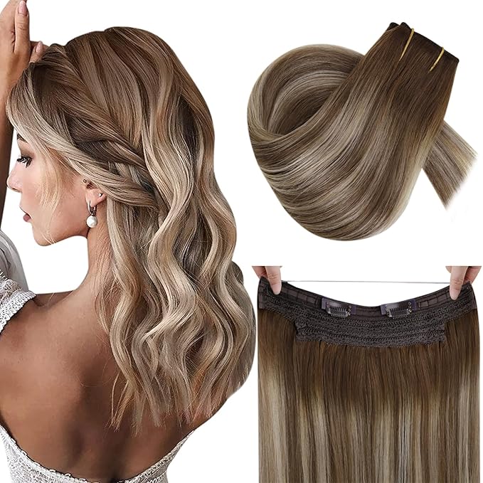 RUNATURE Brown Ombre Blonde Wire Hair Extensions Real Human Hair, Invisible Wire Hair Extensions Remy Straight Hair，One Piece 14 Inch 70g #3/8/22 Walnut Brown to Light Brown with Light Blonde
