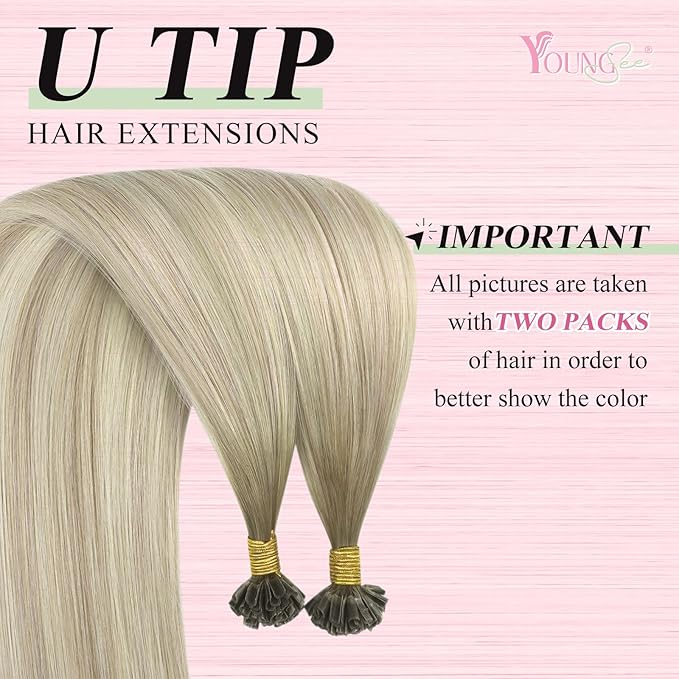 YoungSee U Tip Hair Extensions Human Hair Ombre Keratin Extensions Ombre Ash Blonde to Platinum Blonde 24In 50s/50g