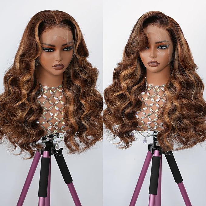 13x4 Full Lace Frontal Wig Highlight Ombre Honey Blonde Wig Human Hair Skinlike Swiss HD Lace Wig Pre plucked Bleached Knots with Natural Hairline 200% Density Glueless Body Wave Lace Front Wigs