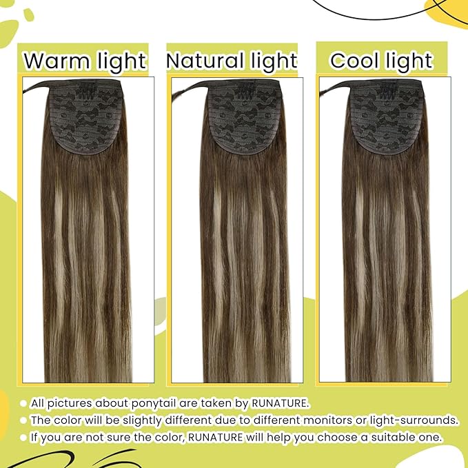 RUNATURE Ponytail Extension Human Hair, Balayage Human Hair Ponytail, Real Hair Ponytail Extension with Magic Paste, Easy to Install, 14 Inch 70g #4/27/4 Medium Brown to Honey Blonde Highlights