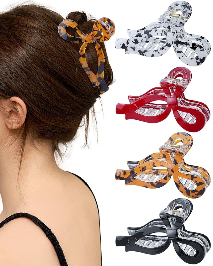 Mesovor 4 Pack Bow Hair Claw Clips for Women, Nonslip 4.3" Large Hair Grip Clawclips for Thin and Thick | Bowknot Hair Strong Hold Hair Jaw Clamps Gifts (Black, Red, Yellow Leopard, White Leopard)
