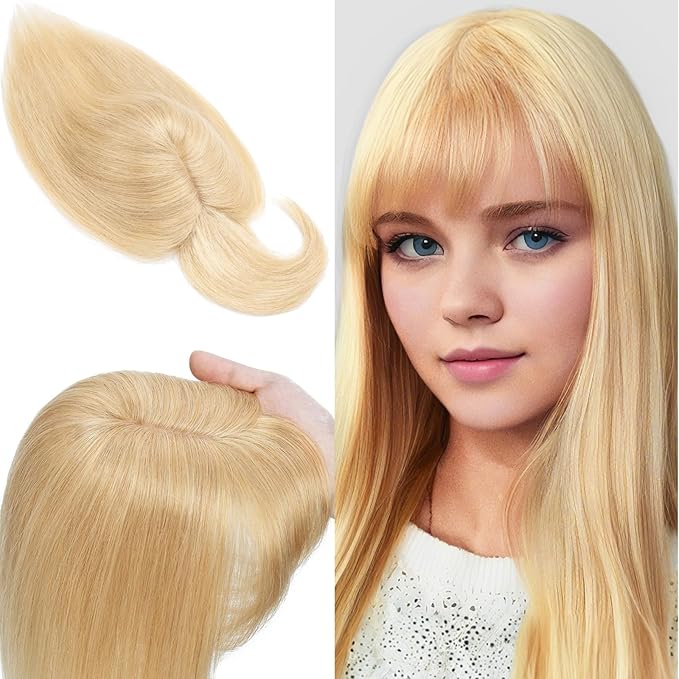 SEGO 100% Real Human Hair Toppers, with Air Bangs, Silk Base 150% Density, Clip in Topper, 2.7肺5.1・ HairPieces for Women, with Thinning/Hair Loss Cover Gray