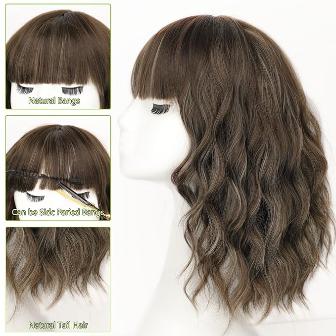 AISI HAIR Curly Bob Wig with Bangs Short Wavy Warm Medium Brown with Golden Highlights. Color Wigs for Women Bob Style Synthetic Heat Resistant Bob Wigs