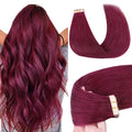 GOO GOO Tape in Hair Extensions Human Hair, Burgundy, 16inch 50g 20pcs, Skin Weft Seamless Invisible, Silky Straight with Thick Ends, Remy Human Hair