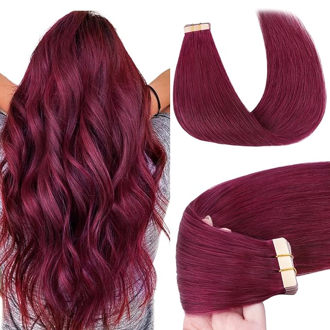 GOO GOO Tape in Hair Extensions Human Hair, Burgundy, 18inch 50g 20pcs, Skin Weft Seamless Invisible, Silky Straight with Thick Ends, Remy Human Hair