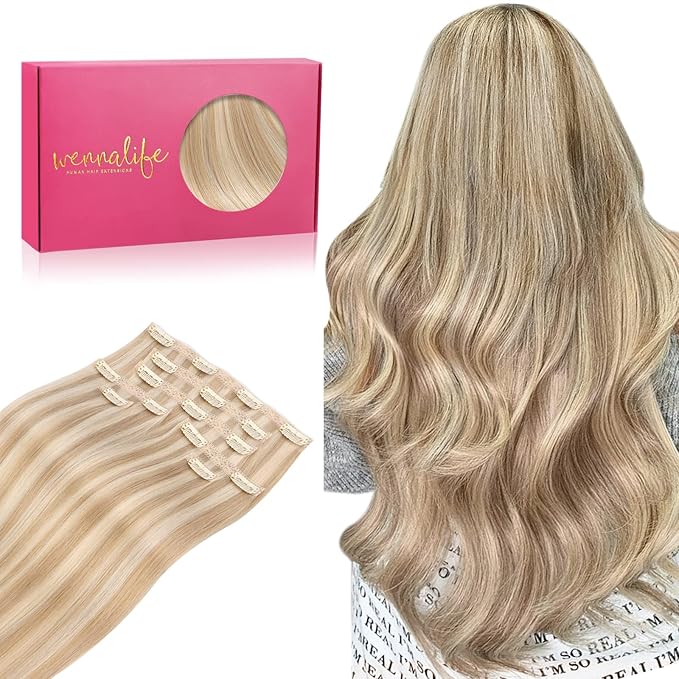WENNALIFE Lace Seamless Clip in Hair Extensions Human Hair 7pcs Ultra Invisible 50% Thinner Seamless Clip Ins Dirty Blonde Highlighted Bleach Blonde Natural Remy Hair 22 inch
