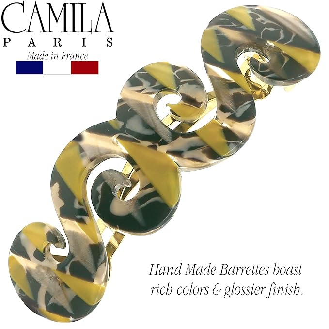 Camila Paris CP3171 French Hair Barrette Clip for Girls, Handmade, Mustard, Gold Metal Clasp Strong Hold Grip Hair Clips for Women, No Slip and Durable Styling Girls Hair Accessories, Made in France