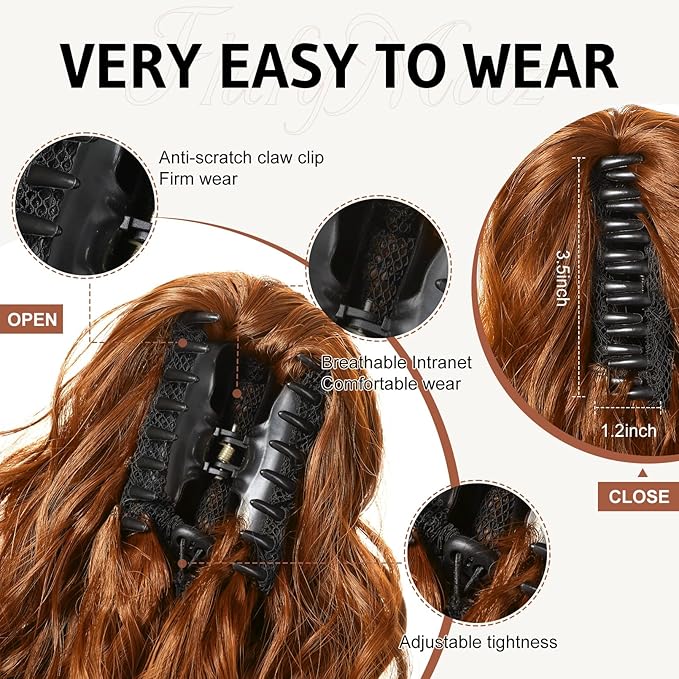 FLUFYMOOZ Ponytail Extension, 18 Inch Claw Clip Ponytail Extension, Wavy Curly Claw Clip in Ponytail Hair Extensions, Natural Fake Ponytail Synthetic Hairpiece for Women (Copper Red)