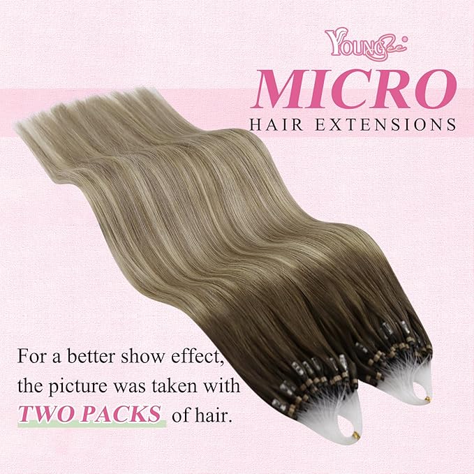 YoungSee Microbead Hair Extensions Brown Balayage Micro Bead Hair Extensions Real Human Hair Ombre Dark Brown to Brown with Blonde Micro Extension 24 Inch Bead Hair Extension for Long Hair 50s/50g