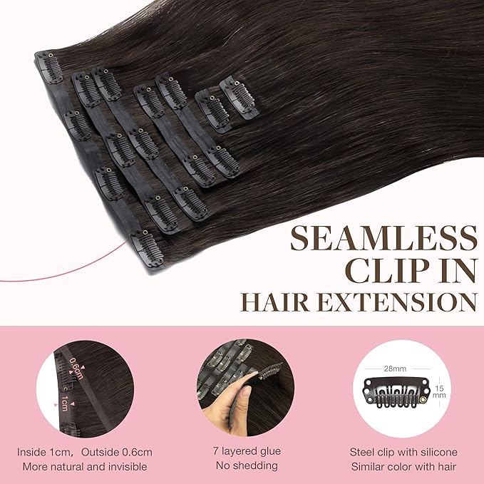 GOO GOO Clip in Hair Extensions Real Human Hair, Remy Human Hair Extensions Clip ins for Women, Natural Human Hair, 14inch 110g 7Pcs, 2A Light Brown