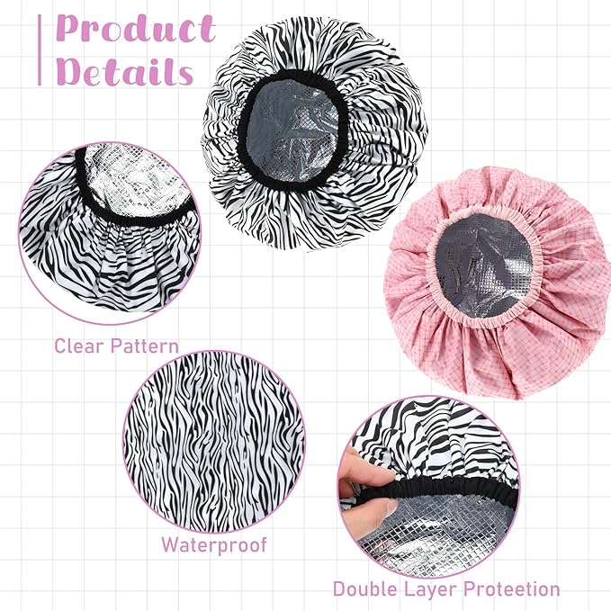 2 Pcs Double Layer Deep Conditioning Cap, Aluminum Foil Hair Heat Cap Reusable Shower Caps Steam Caps for Hair Treatments Home and Salon Use(Pink+Striped)