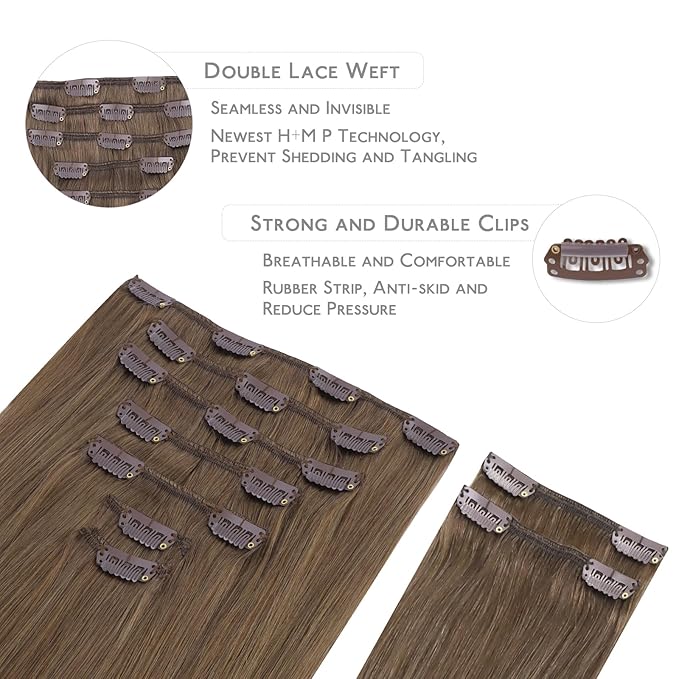 WENNALIFE Clip in Hair Extensions, 150g 14 Inch 9pcs Light Ash Brown Human Hair Extensions Thicker Clip in Hair Extensions Real Human Hair Clip Set Double Weft