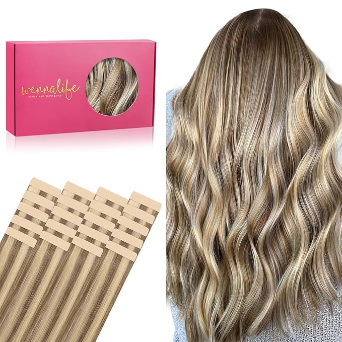 WENNALIFE Tape in Hair Extensions Human Hair, 20pcs 50g 22 inch Ash Brown with Platinum Blonde Highlights Remy Hair Extensions Straight Human Hair Tape in Extensions Skin Weft Tape Extensions