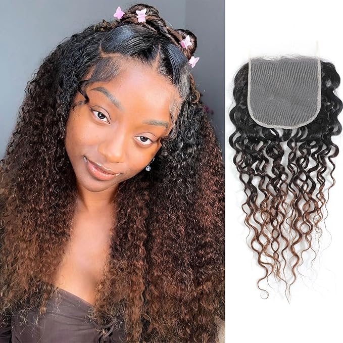 T1B/2/30 Ombre Water Wave Lace Closure 5x5 100% Real Human Hair 16 Inch Chestnut Brown Ombre Water Wave Transparent Lace Closure