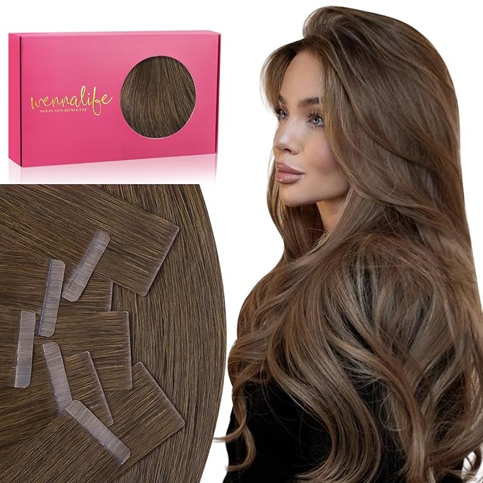 WENNALIFE Invisi Edge & Classic Tape in Hair Extensions Human Hair, 18 Inch 100g 40pcs(20pcs Invisi Edge & 20pcs Classic) Cool Ash Brown Invisible Luxury Remy Hair Natural Seamless Injected Tape Ins