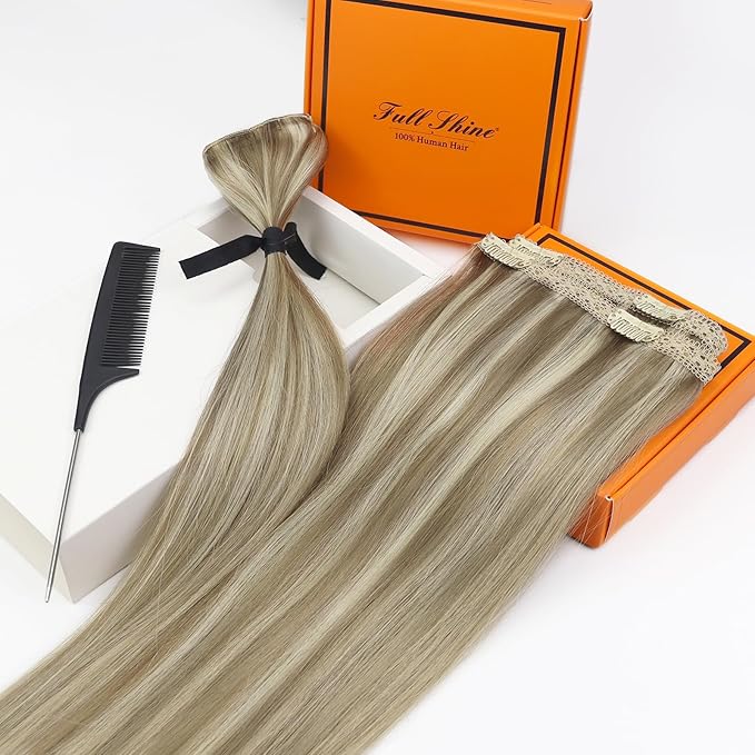 Full Shine Human Hair Clip in Extensions for Woman Balayage Ash Brown Hair Extensions Clip ins Light Blonde Highlight Invisible Lace 12 Inch for Short Hair Ease of Use 3 PCS 60 G
