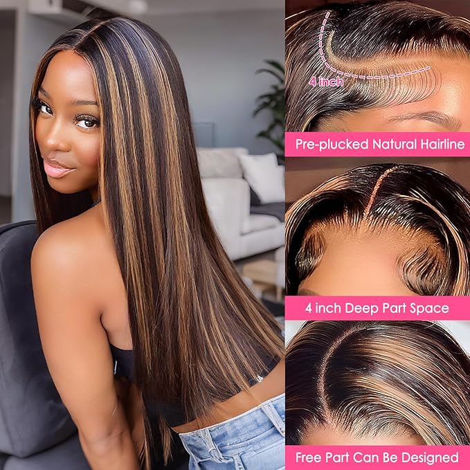 28 Inch Ombre Lace Front Wig Human Hair 1B/30 Highlight Straight Lace Front Wigs Human Hair Colored 13x4 Brown Wig Human Hair 200% Density Balayage Glueless HD Lace Frontal Wigs