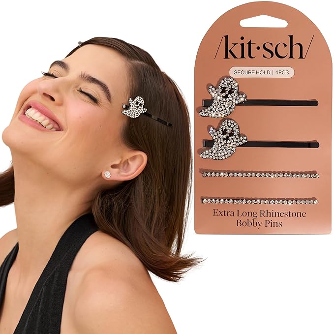 Kitsch Extra Long Metal Rhinestone Bobby Pins – Ghost Design Sparkly Hair Pins – Halloween Hair Accessories – Secure Hold Bobby Pins for Women, Festive Styling | Ideal Gifts for Women - 4pc Set