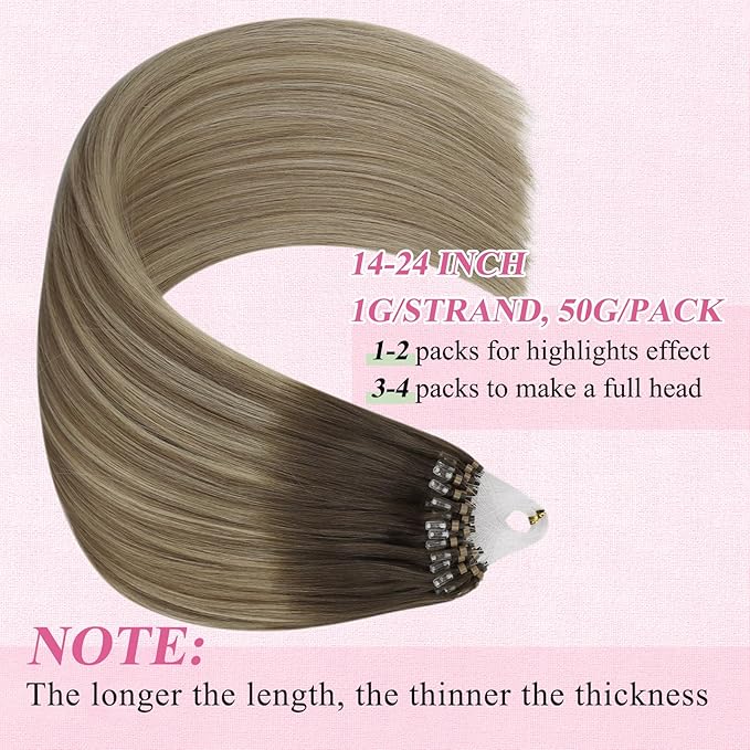 YoungSee Micro Loop Hair Extensions Real Human Hair Balayage Microbead Hair Extensions Human Hair Balayage Brown with Blonde Bead Hair Extension 20In for Photo Shoots 50s/50g