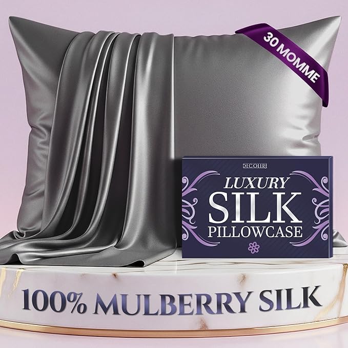 DECOLURE 100% Pure Mulberry Silk Pillow Case King Size – Highest Grade 30 Momme 6A+, Luxuriously Soft & Cooling Silk Pillowcase for Hair & Skin, Hypoallergenic, Breathable, Hidden Zipper (Grey)