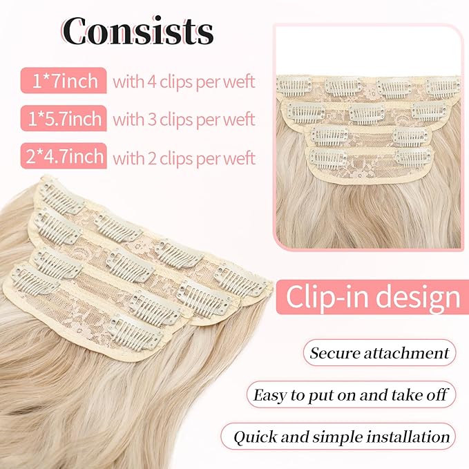 KooKaStyle Clip in Long Wavy Synthetic Hair Extension 24 Inch Pearl Blonde 4PCS Thick Hairpieces Fiber Double Weft Hair for Women