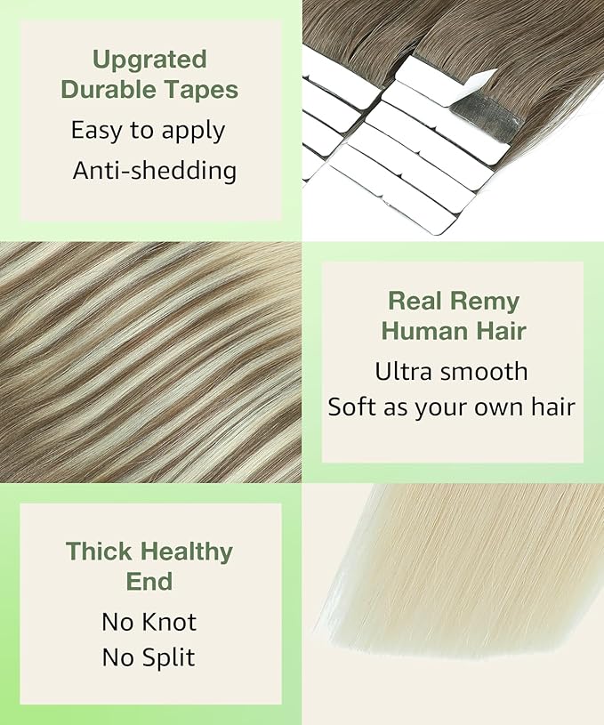SURNEL Tape in Extensions Human Hair Ombre 8 Ash Brown Fading to 60 Platinum Blonde Tape in Hair Extensions 20 inch 20pcs 50g(#8T60-20)