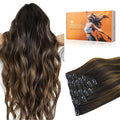 DOORES Clip in Hair Extensions, Balayage Dark Brown to Chestnut Brown 14 Inch 120g 7pcs, Remy Human Hair clip in Extensions Natural Straight