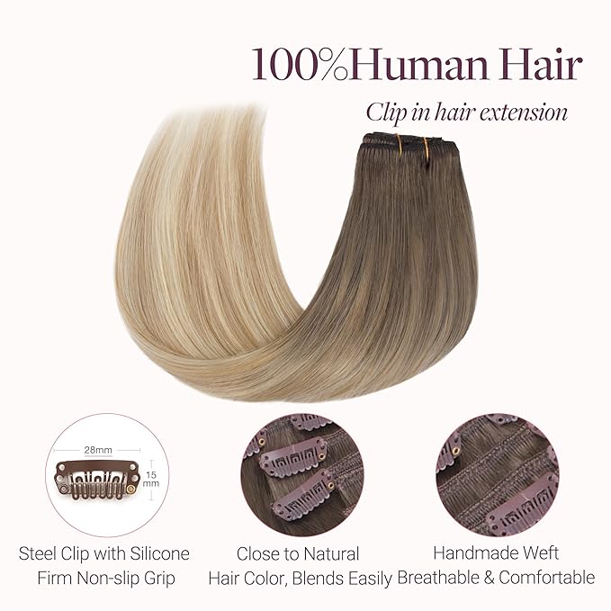 GOO GOO Clip in Hair Extensions Real Human Hair, Remy Human Hair Extensions Clip ins for Women, Natural Human Hair, 14inch 120g 7 Pcs, #9/18J/60 Chocolate Brown to Champagne Blonde Balayage