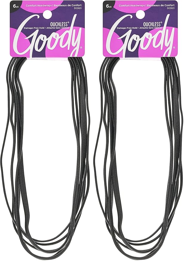 GOODY Women's Ouchless Hairband, 6 Count, Pack of 2 | Thin Hair | Flat | Narrow | Black