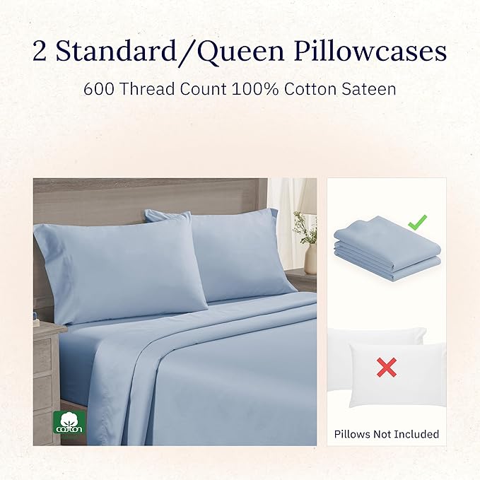 California Design Den Luxuriously Soft Premium 600 Thread Count, 100% Cotton Set of 2 Cases, Crisp Pillowcases Standard Set of 2 Fits Standard & Queen Pillows (Blue)