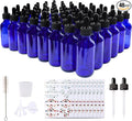 48 Pack 2oz Cobalt Blue Glass Bottles with Glass Eye Droppers for Essential Oils, Perfumes & Lab Chemicals (Brush, Funnels, 2 Extra Droppers, 54 Pieces Labels & 30ml Measuring Cup Included)