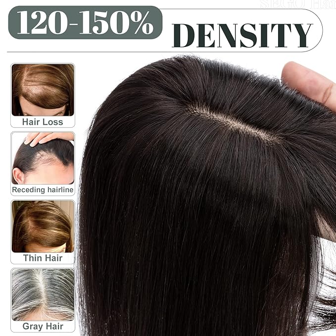 SEGO Hair Toppers for Women Real Human Hair with Thinning Hair, Toppers Hair Pieces Clip in Toppers Straight Hair Pieces with Front Bangs 150% Density Silk Base -10 Inch #1B Natural black