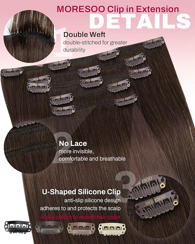 Moresoo Medium Brown Clip in Hair Extensions Remy Human Hair Brown Hair Extensions Clip ins Straight Double Weft for Wedding 80g/5pcs 18 inch