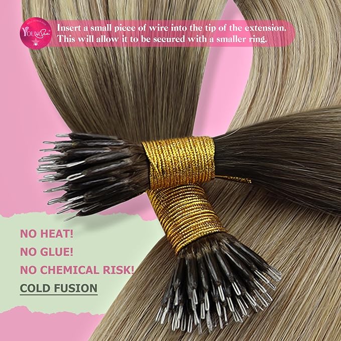 YoungSee Nano Ring Hair Extensions Ombre 16 Inch Nano Tip Hair Extensions Real Human Hair Dark Brown Ombre Light Brown with Blonde Nanobead Hair Extension Human Hair Balayage for Daily 50s 50g