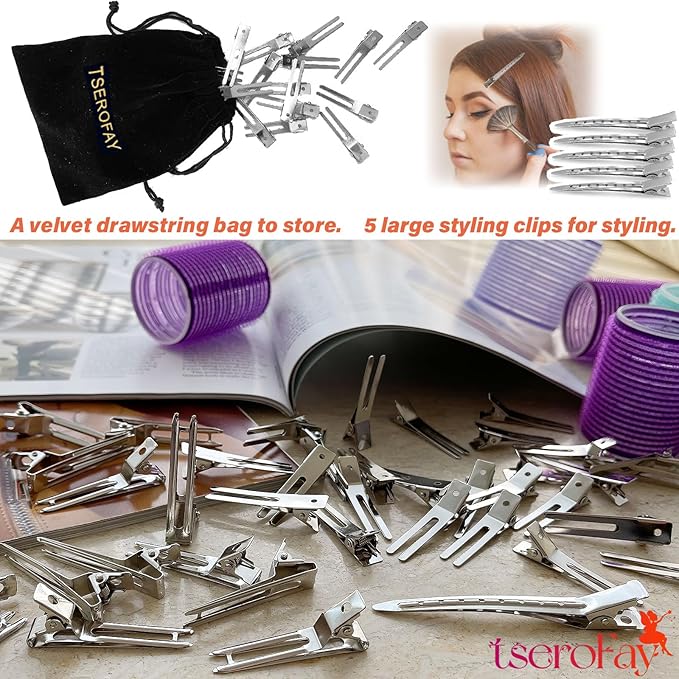55 Pcs Metal Silver Hair Clips for Women Pin Curl Roller, 1.8” Double Prong Root Lift Clips for Curly Hair Volume, Locs Retwist Dreads, Curler Setting Clippies for Thick Styling Sectioning