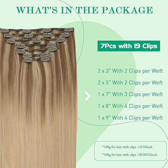 SURNEL Clip in Hair Extensions Real Human Hair Balayage Golden Brown to Caramel Blond Remy Hair Extensions Clip Ins 14 Inch 140g(7pcs #10/27/27-14")