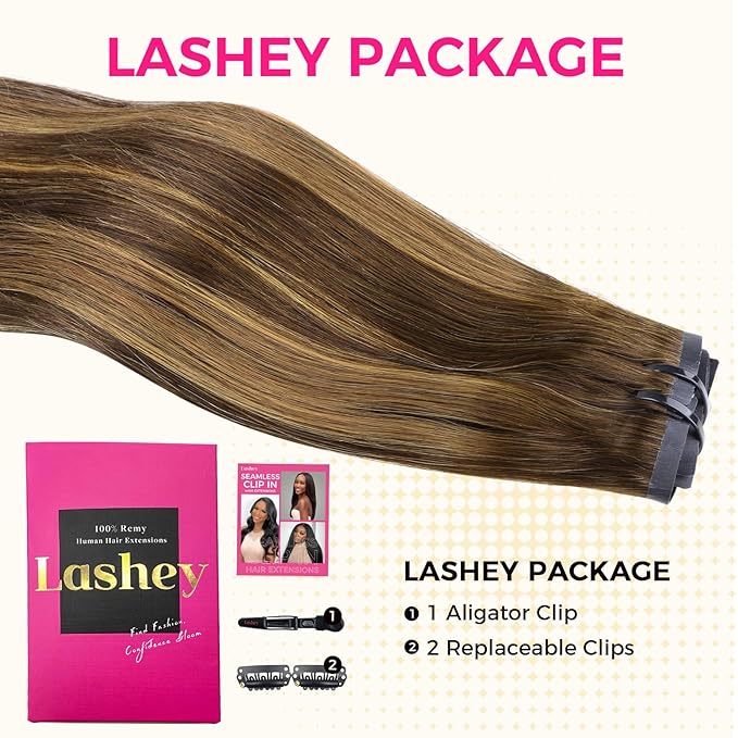 Lashey Seamless Clip in Hair Extensions Human Hair, 18 Inch 110g 7pcs Straight Balayage Chocolate Brown to Honey Blonde with Brown Root Highlight Clip in Hair Extensions for Women