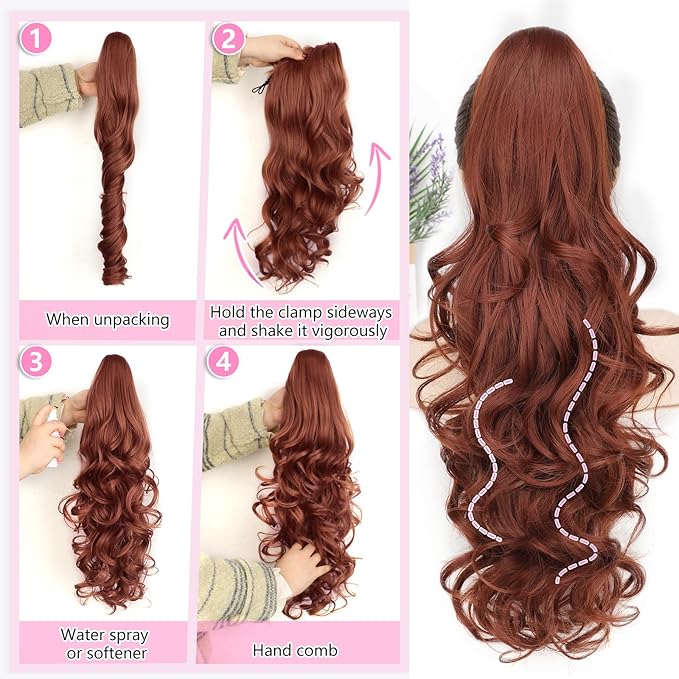 ALXNAN Ponytail Extension,24 Inch Claw Clip in Long Curly Wavy Reddish Orange Ponytail Hair Extension Jaw Clip on Pony Tails Hairpiece for Women