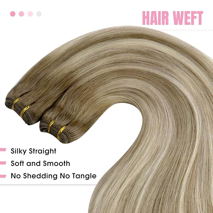 YoungSee 130G Weft Hair Extensions Human Hair Balayage Light Brown Mix Platinum Blonde Hair Extensions Sew in Balayage Double Weft Human Hair Extension Long Straight Hair 24Inch