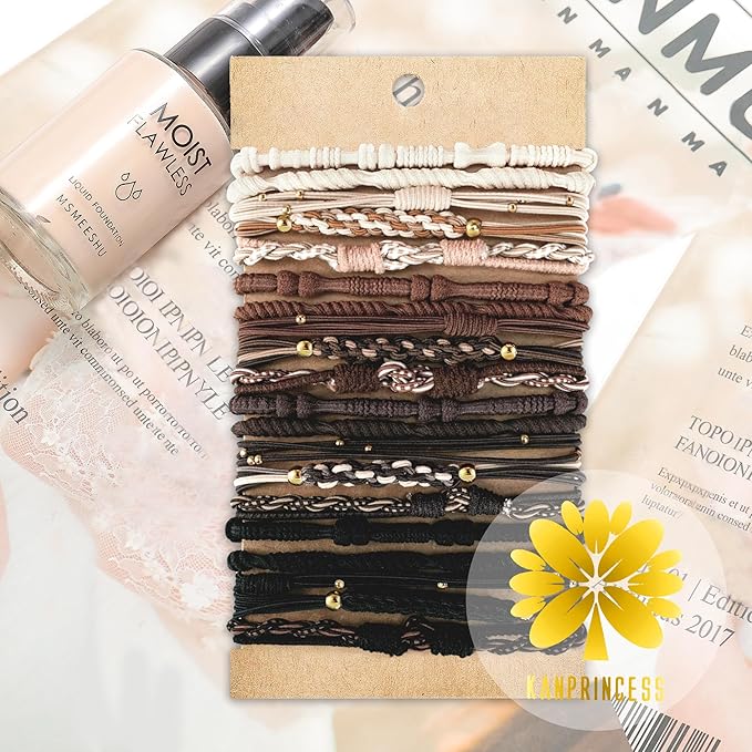 20 PCS Boho Ponytail Holders - 4 Neutral Colors, 5 Styles Hair Bands & Bracelets for Women's Thick or Thin Hair, No Damage