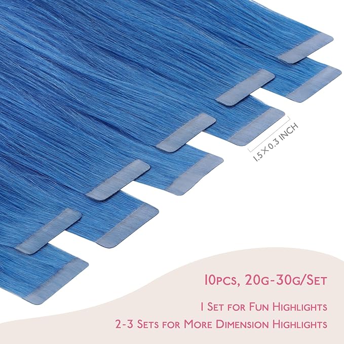 WENNALIFE Tape in Hair Extensions Human Hair Blue Tape in Extensions, 10pcs 30g 22 inch Remy Invisible Tape Ins Straight Colored Soft Real Human Hair Tape in Extensions Refill Set Extensions