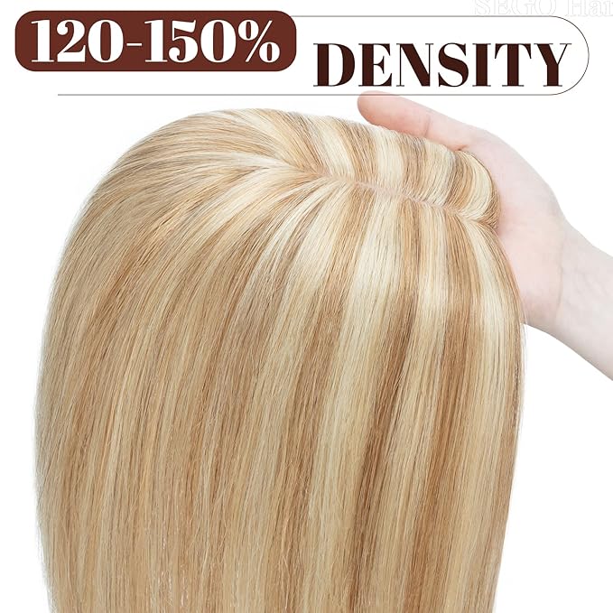 SEGO Real Human Hair Topper for Women, No Bangs Hair Topper with Anti-Slip Clips (18 Inches Golden Brown Mix Bleach Blonde)