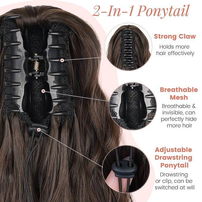Claw Clip Ponytail Extension 18 Inch Curly Wavy Ponytail Extension Jaw Clip on Pony Tails Hairpiece for Women Fluffy Natural Synthetic for Daily Use (Dark Chestnut Brown)