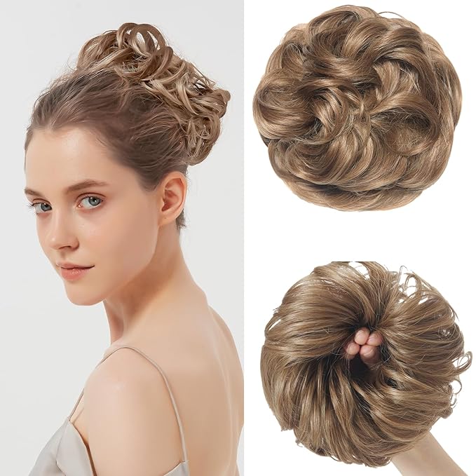 Large Messy Bun Hair Piece Curly Synthetic Extensions Scrunchies Fake Chignon Updo Hairpieces for Women Bronde Balayage