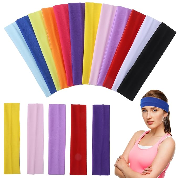 12 Pcs Women Yoga Hair Bands, Elastic Sweatband Fabric Headbands Sports Sweat Band Yoga Stretchy Headband Soft Workout Headbands for Sports Running Cycling Exercise Fitness
