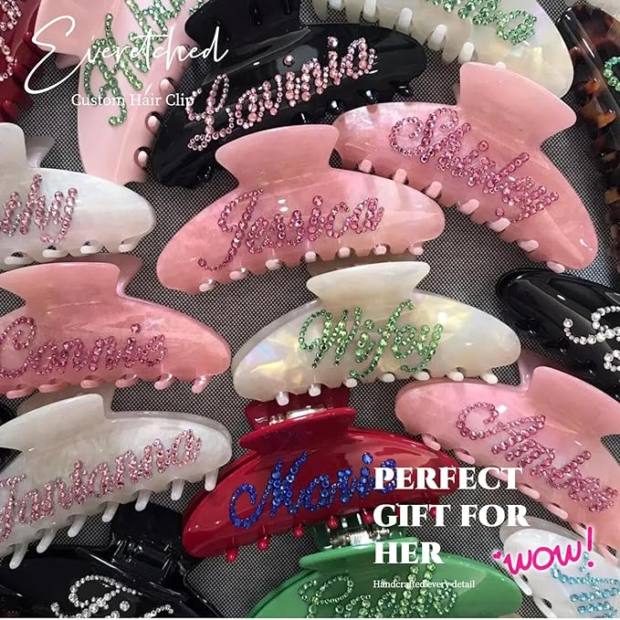 Personalized Colorful Name Hair Claw Clips for Women,Custom Hair Clips with Diamond,Cute Hair Accessories 4",Handmade Rhinestones Hair Clamp Gifts for Mom,Bride,Wife,Bridesmaid（Flash Pink）