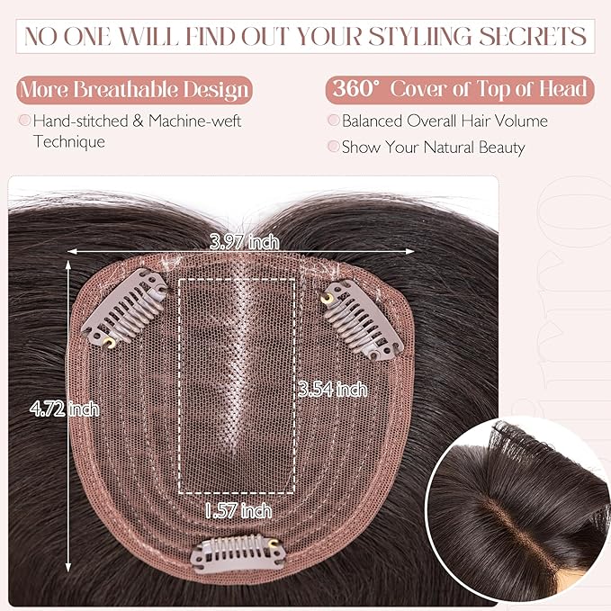 Hairro 100% Human Hair Topper No Bangs, Real Clip in Hair Hairpieces for Women, 3.94x4.72" Silk Base for Thinning Receding High Hairline, 10 Inch Natural Black Middle Part