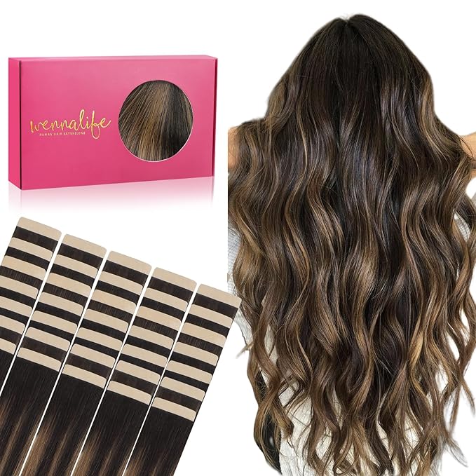 WENNALIFE Tape in Hair Extensions Human Hair, 40pcs 120g 26 inch Balayage Natural Black to Chestnut Brown Hair Extensions Real Human Hair Straight Tape in Extensions Invisible Human Hair Extensions