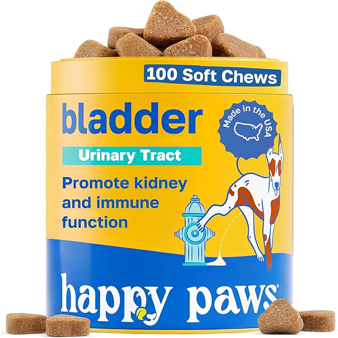 Happy Paws Bladder Supplement for Dogs, Urinary Support Soft Chews for All Breeds & Ages, Kidney Wellness Support with Cranberry & Antioxidants, Vegan Chicken Flavor, (100 Chews)